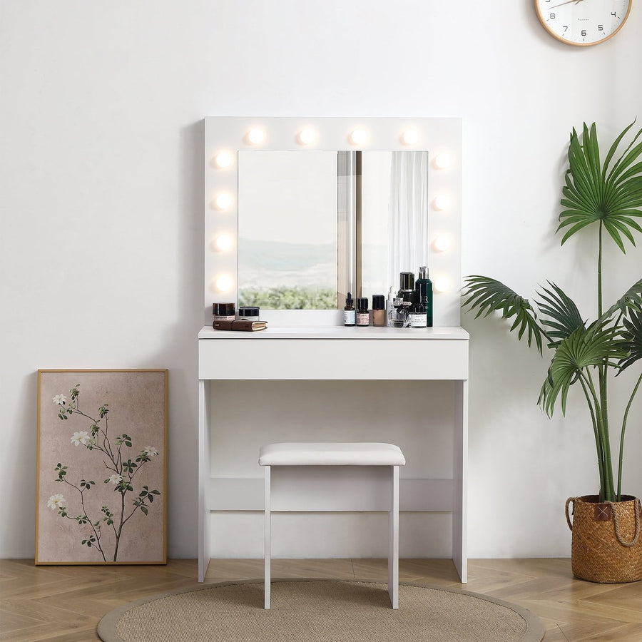 Hommoo Vanity Desk Set with LED Lighted Mirror, Makeup Vanity Table with DrawersandStorage Stool Antique White Image 1