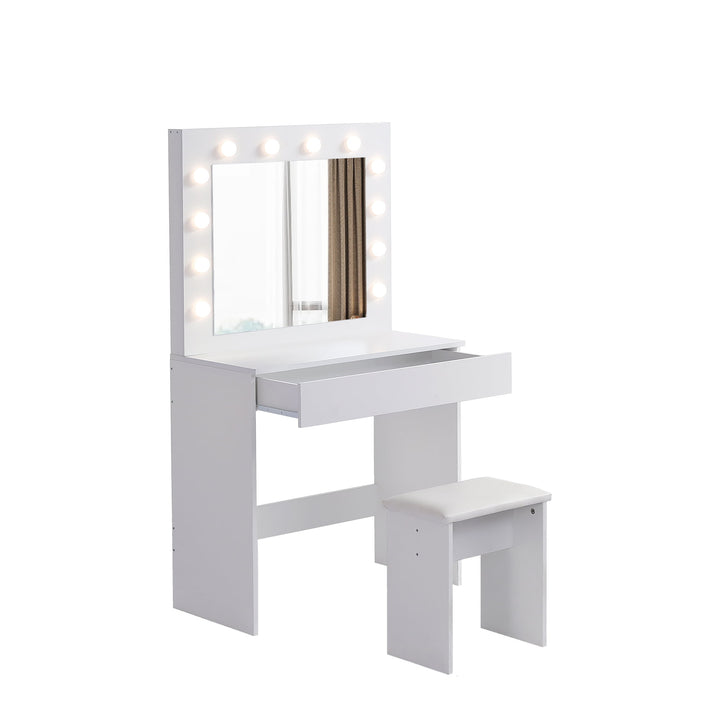 Hommoo Vanity Desk Set with LED Lighted Mirror, Makeup Vanity Table with DrawersandStorage Stool Antique White Image 3