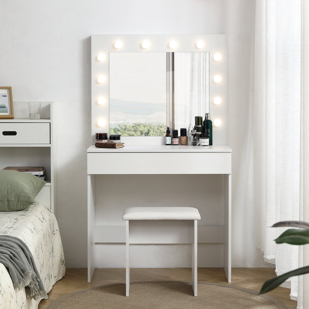 Hommoo Vanity Desk Set with LED Lighted Mirror, Makeup Vanity Table with DrawersandStorage Stool Antique White Image 7