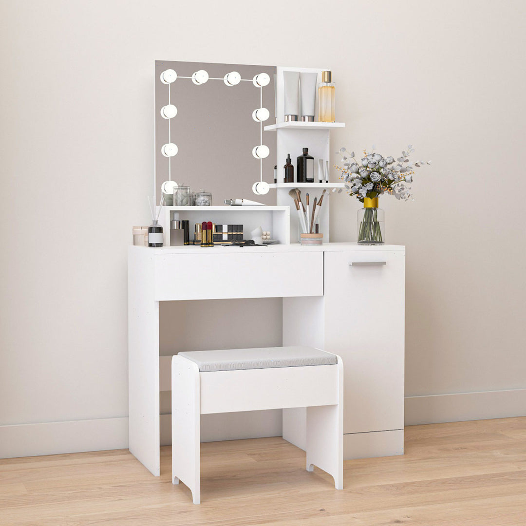 Hommoo Makeup Vanity Table Set with Light Mirror, Dressing Table with Vanity Cushioned Stool for Bedroom, Makeup Room Image 2