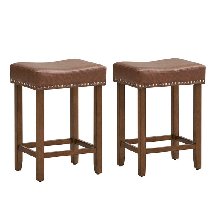 Hommoo 24 Inch Upholstered PU Leather Bar Stools Set of 2-Brown, Bar Height Stools, Bar Stools for Kitchen Island for Image 1