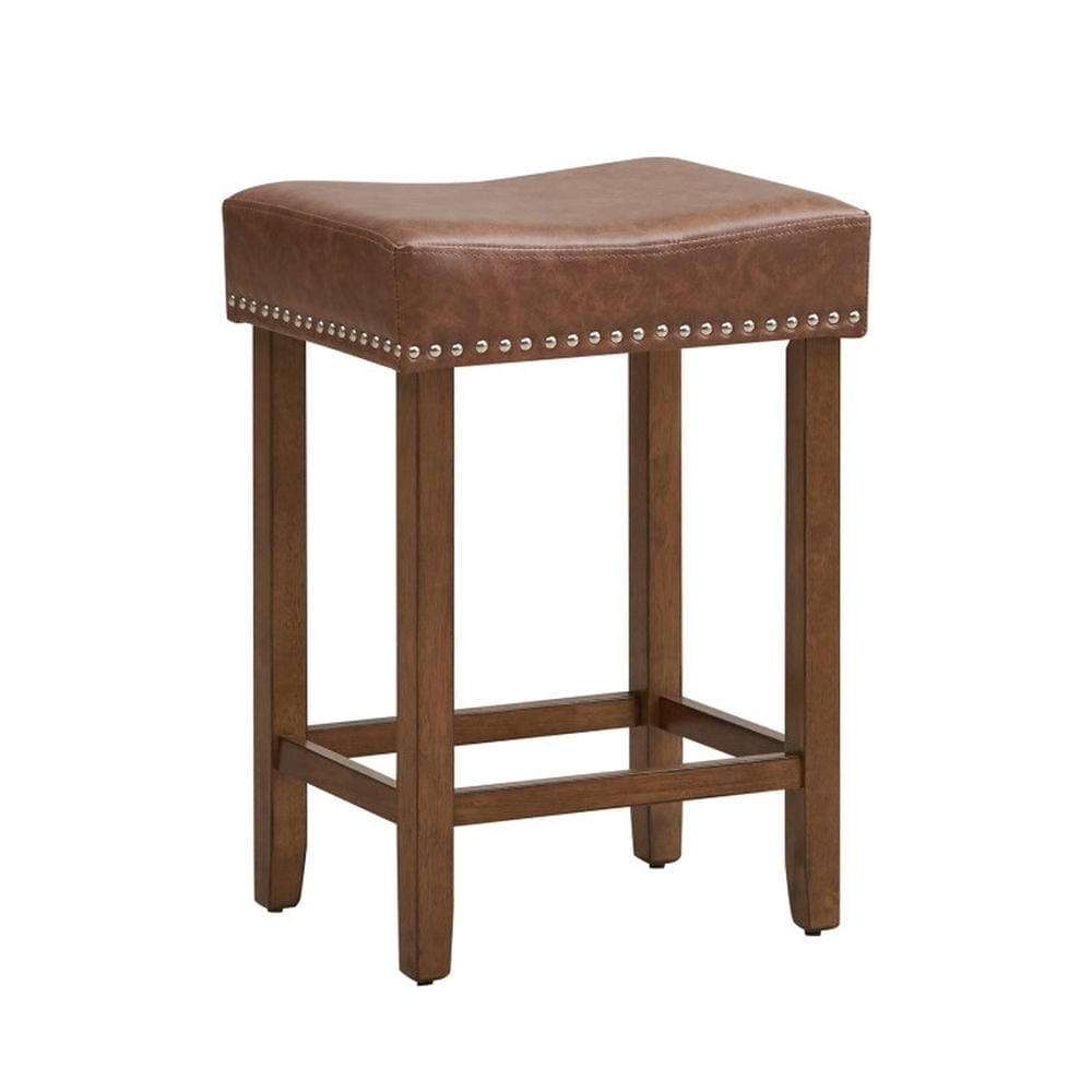 Hommoo 24 Inch Upholstered PU Leather Bar Stools Set of 2-Brown, Bar Height Stools, Bar Stools for Kitchen Island for Image 2