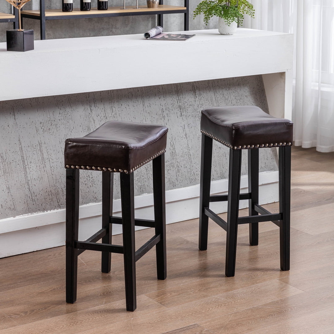 Hommoo Set of 2 Bar Stools, 29" Backless Tufted PU Counter Stools, Brown Image 1