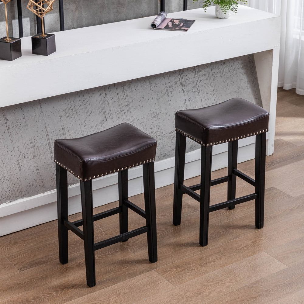 Hommoo Set of 2 Bar Stools, 29" Backless Tufted PU Counter Stools, Brown Image 2