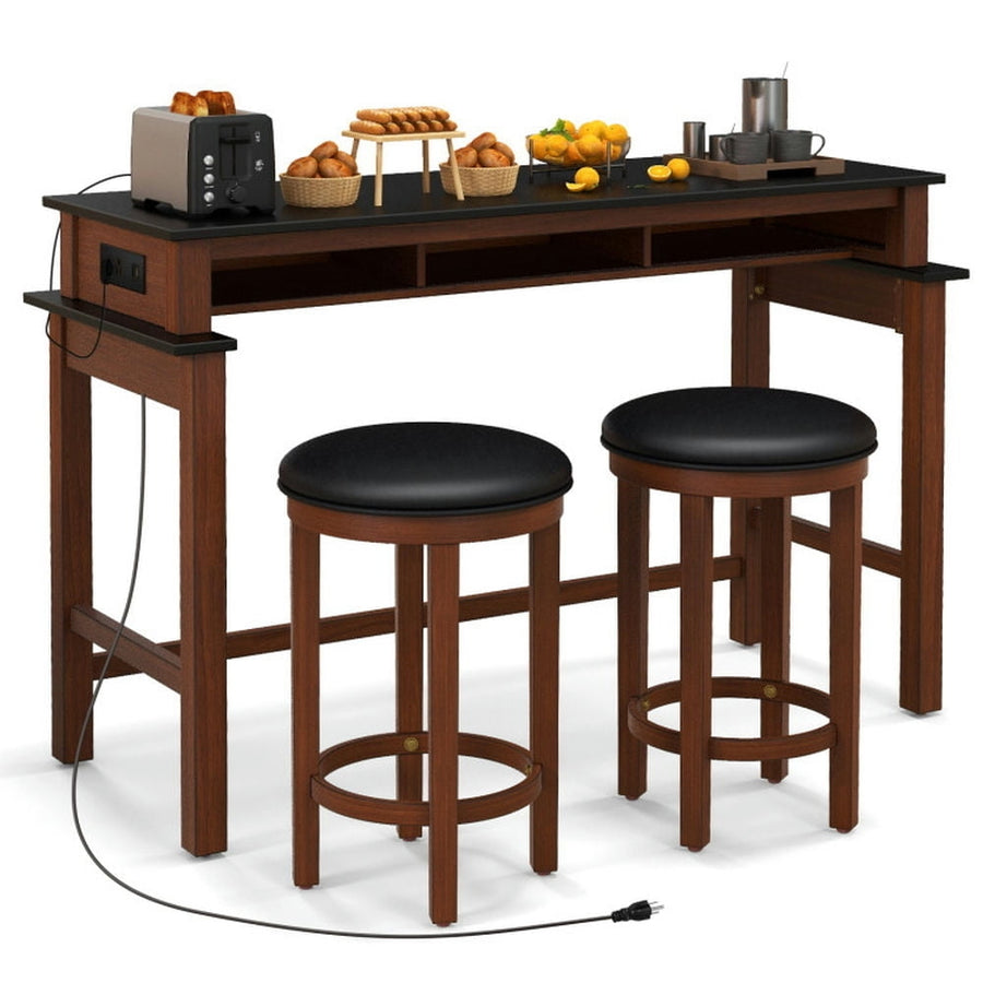 Hommoo 3-Piece Home Bar Set with 2 Upholstered Bar Stools Outlets and USB Ports-Black Image 1