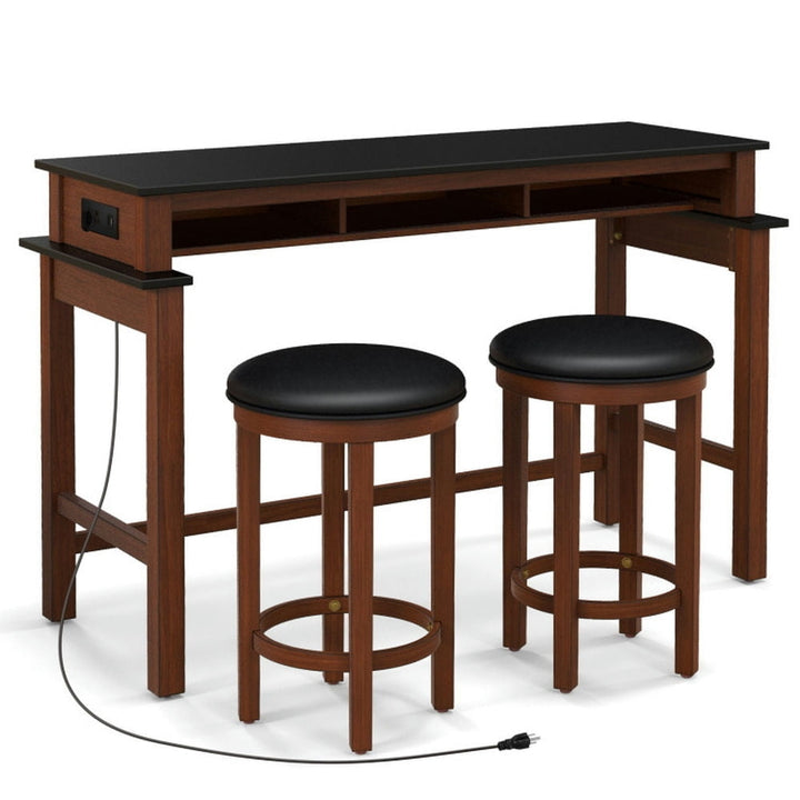 Hommoo 3-Piece Home Bar Set with 2 Upholstered Bar Stools Outlets and USB Ports-Black Image 3