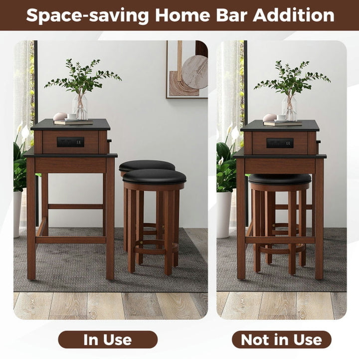 Hommoo 3-Piece Home Bar Set with 2 Upholstered Bar Stools Outlets and USB Ports-Black Image 5