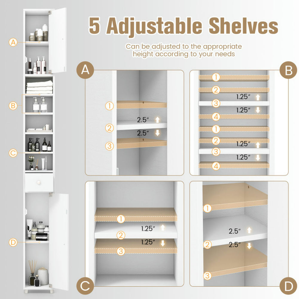 Hommoo Freestanding Slim Bathroom Cabinet with Drawer and Adjustable Shelves-White Image 2