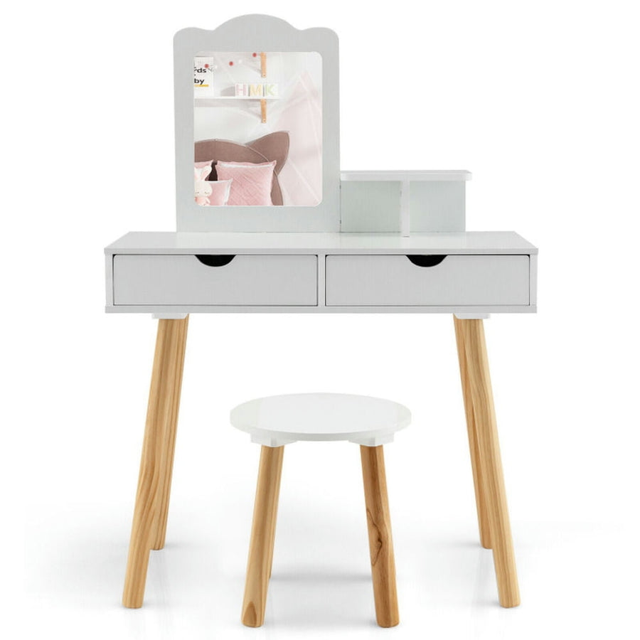 Hommoo Kid Vanity Table Chair Set with Mirror and 2 Large Storage Drawers-White, Kids Makeup Vanity for Girls Kids Image 1