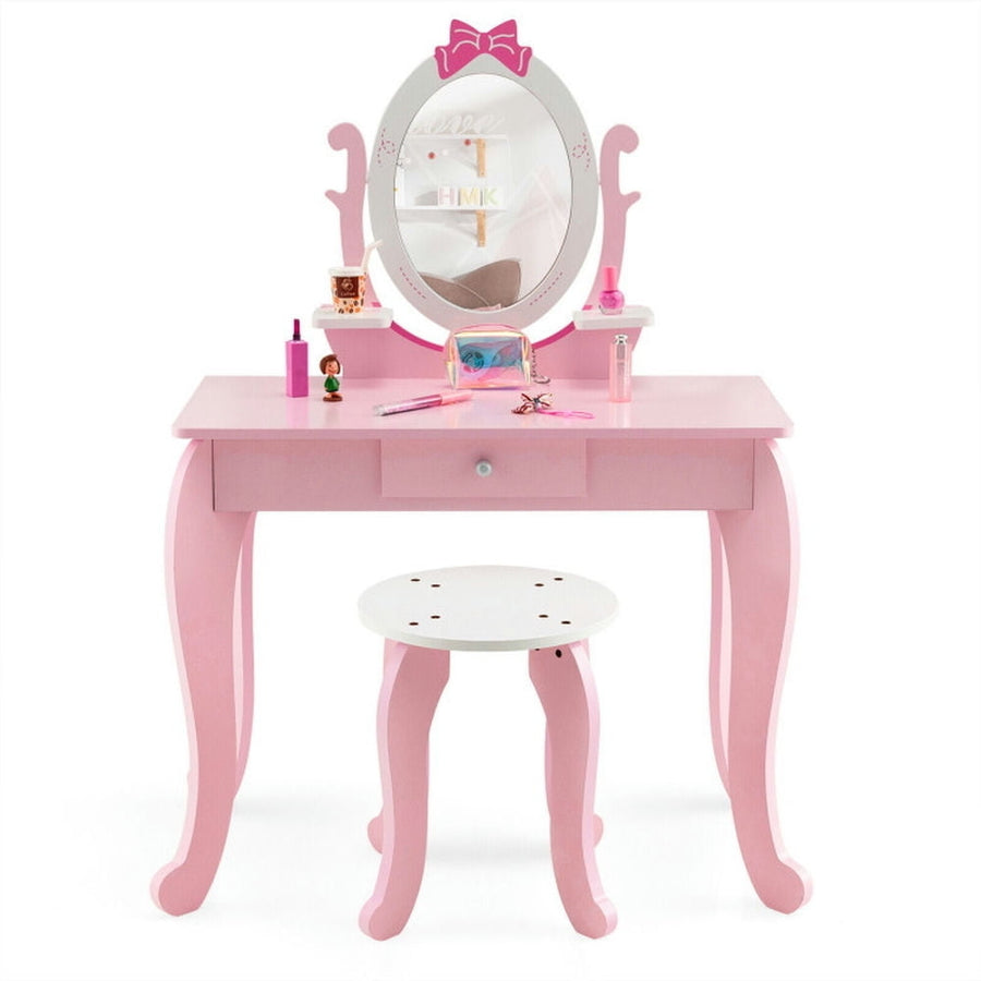 Hommoo Kid Vanity Table Stool Set with Oval Rotatable Mirror-Pink, Kids Makeup Vanity for Girls Kids Image 1