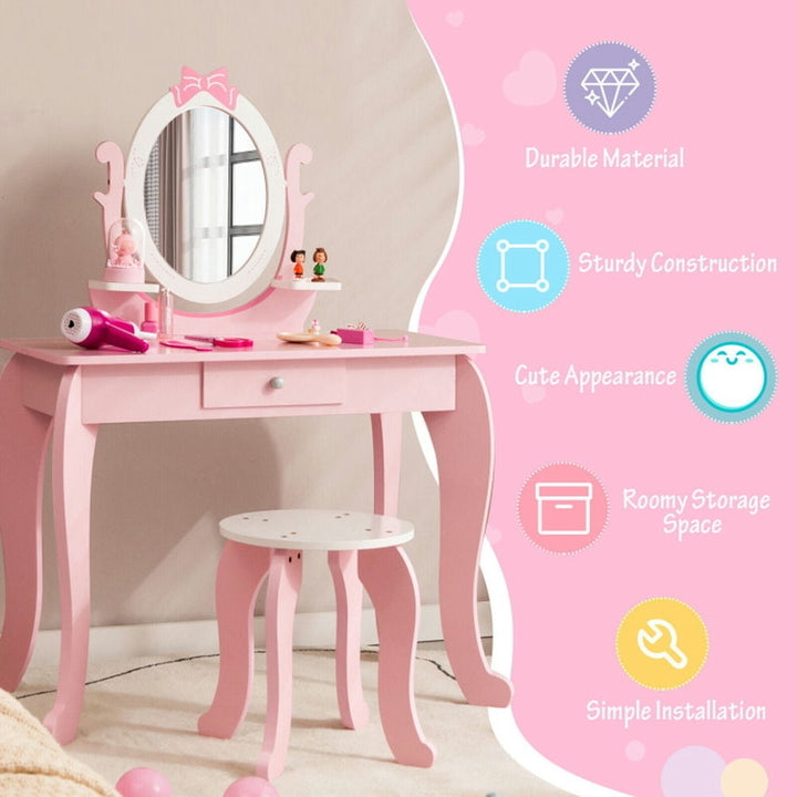 Hommoo Kid Vanity Table Stool Set with Oval Rotatable Mirror-Pink, Kids Makeup Vanity for Girls Kids Image 2