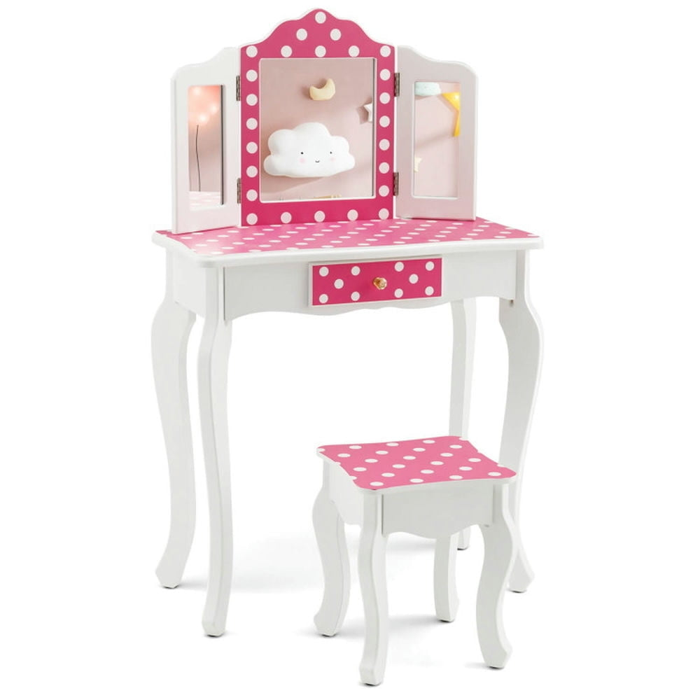 Hommoo Kids Vanity Table and Stool Set with Cute Polka Dot Print-Pink, Kids Makeup Vanity for Girls Kids Image 1