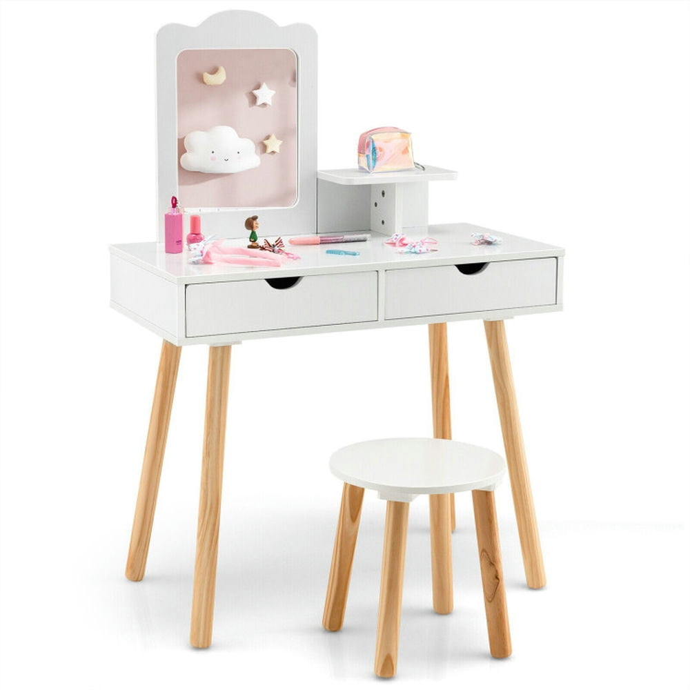 Hommoo Kid Vanity Table Chair Set with Mirror and 2 Large Storage Drawers-White, Kids Makeup Vanity for Girls Kids Image 3