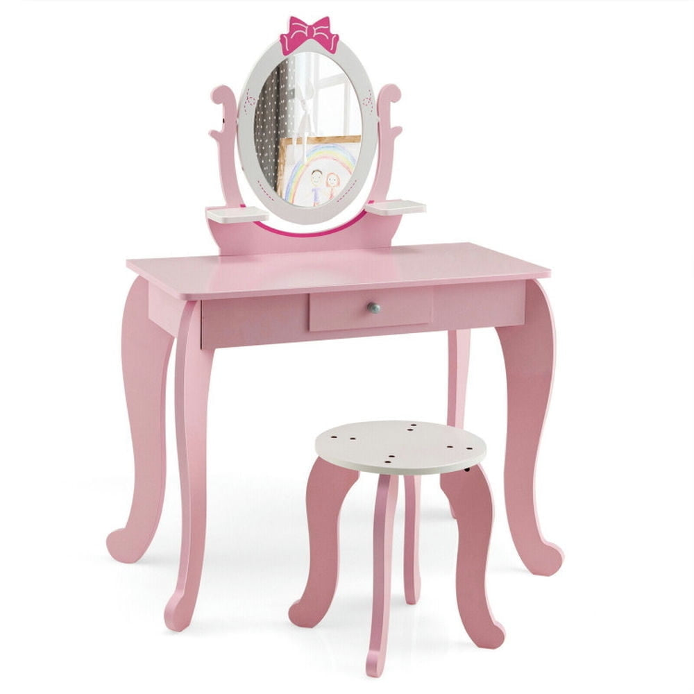 Hommoo Kid Vanity Table Stool Set with Oval Rotatable Mirror-Pink, Kids Makeup Vanity for Girls Kids Image 4