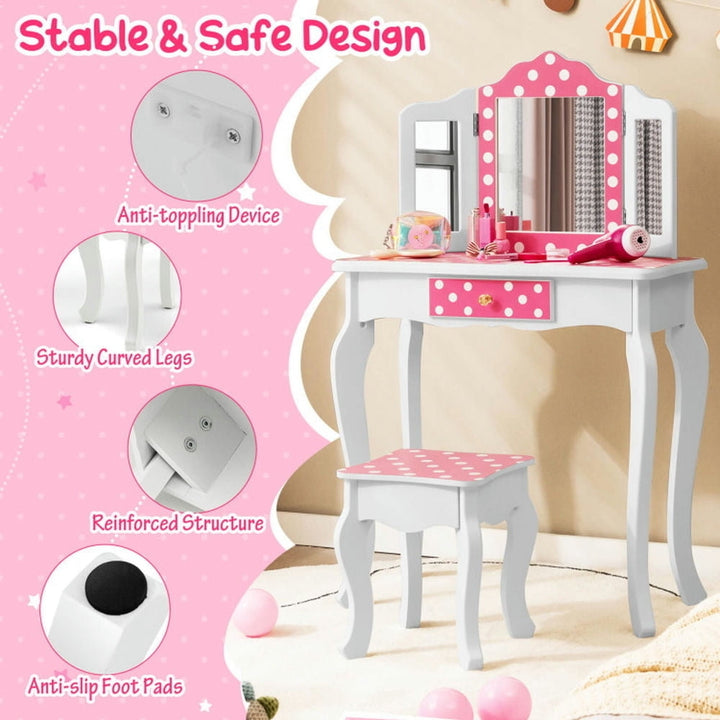 Hommoo Kids Vanity Table and Stool Set with Cute Polka Dot Print-Pink, Kids Makeup Vanity for Girls Kids Image 2