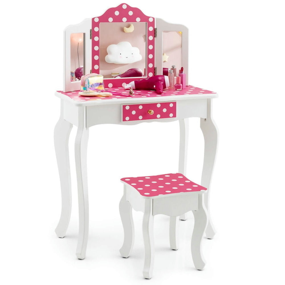 Hommoo Kids Vanity Table and Stool Set with Cute Polka Dot Print-Pink, Kids Makeup Vanity for Girls Kids Image 3