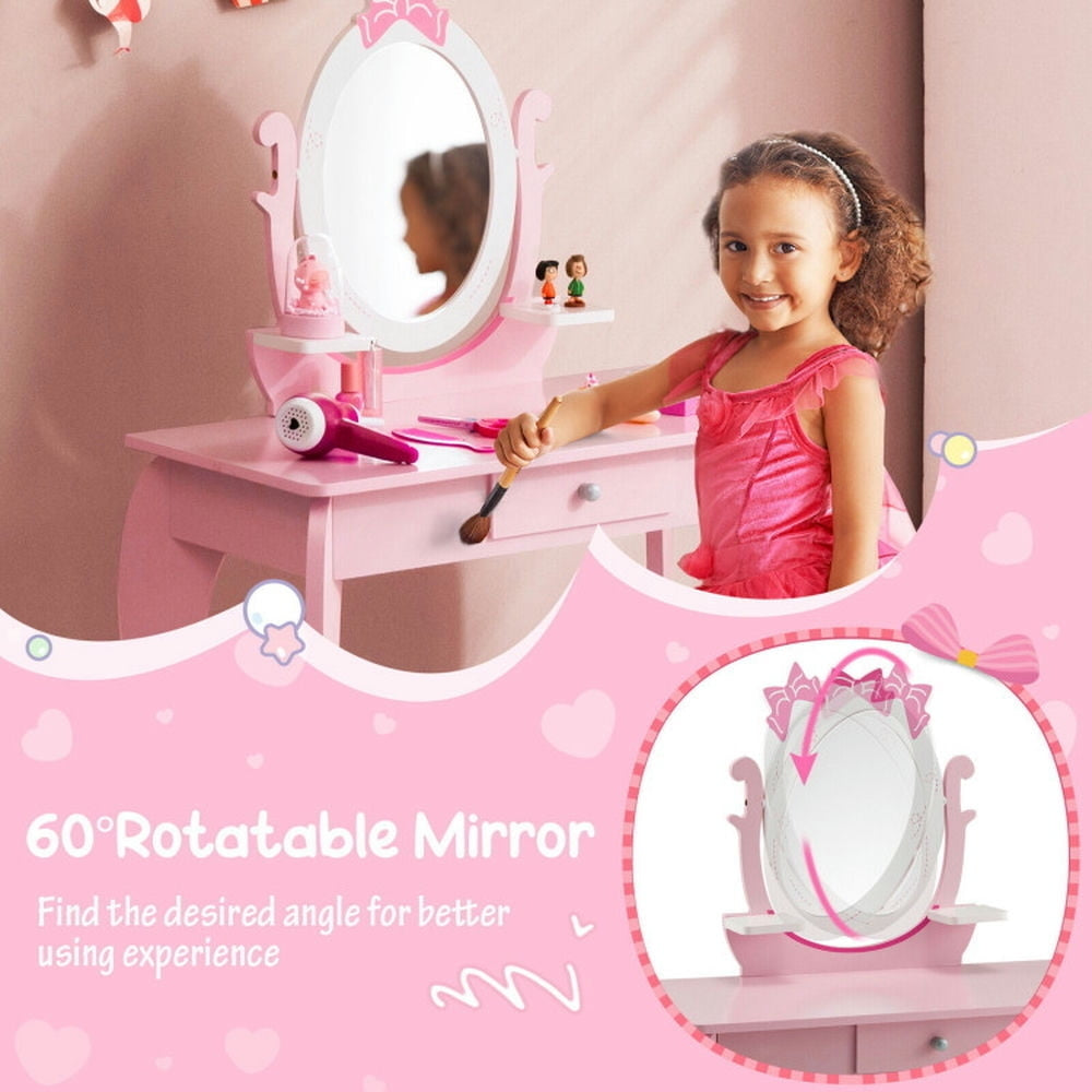 Hommoo Kid Vanity Table Stool Set with Oval Rotatable Mirror-Pink, Kids Makeup Vanity for Girls Kids Image 6