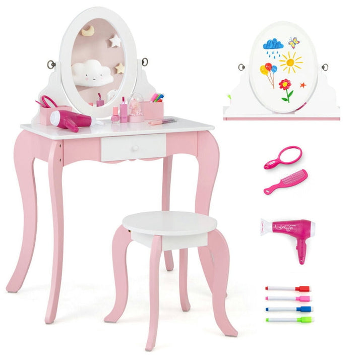 Hommoo Pretend Kids Vanity Set with 360 Rotatable Mirror and Play Accessories, Kids Makeup Vanity for Girls Kids Image 1