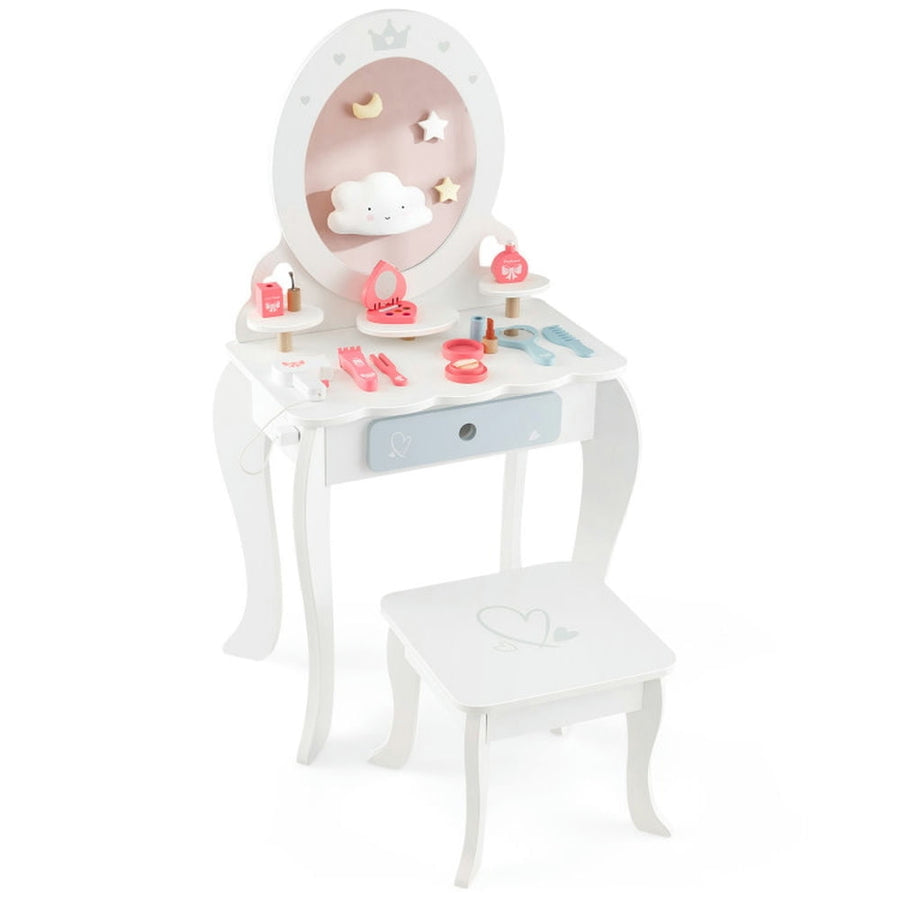 Hommoo Kids 2-in-1 Princess Makeup Table and Chair Set with Removable Mirror-White, Kids Makeup Vanity for Girls Kids Image 1