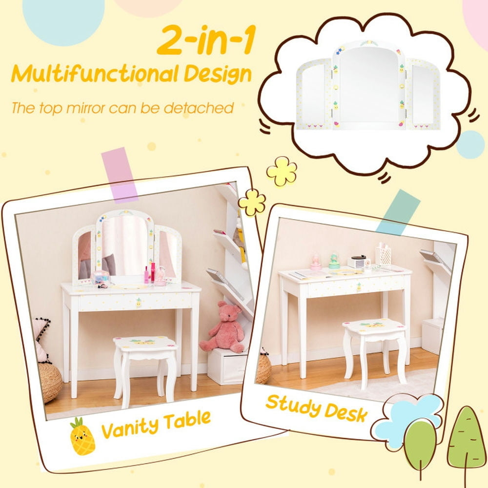 Hommoo Kids Vanity Table Set with Tri-Folding Mirror and Large Drawer-White, Kids Makeup Vanity for Girls Kids Image 3