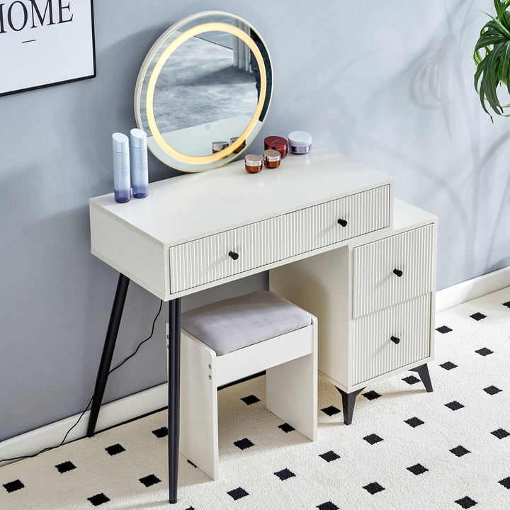 Hommoo Fluted Makeup Vanity Desk with Round LED Mirror and Lights, Modern Glass Top Vanity Table with 4 Drawers and Image 1