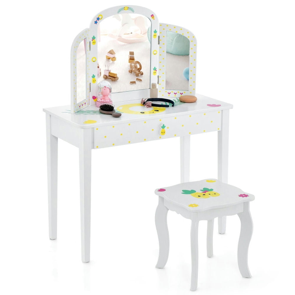 Hommoo Kids Vanity Table Set with Tri-Folding Mirror and Large Drawer-White, Kids Makeup Vanity for Girls Kids Image 5