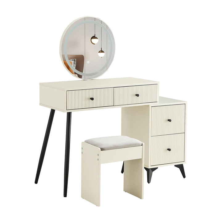 Hommoo Fluted Makeup Vanity Desk with Round LED Mirror and Lights, Modern Glass Top Vanity Table with 4 Drawers and Image 6