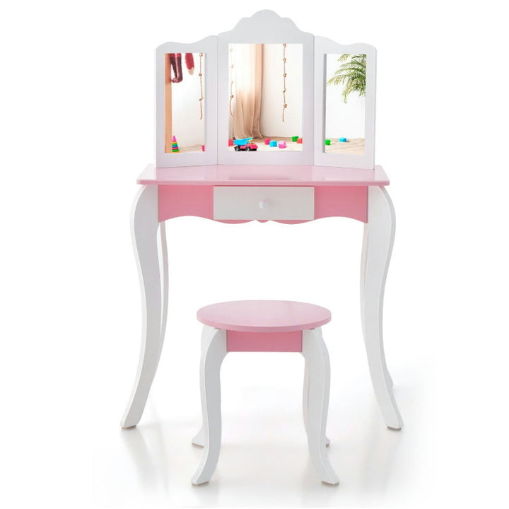 Hommoo Kids Wooden Vanity Table and Stool Set with 3-Panel Acrylic Mirror-White, Kids Makeup Vanity for Girls Kids Image 1