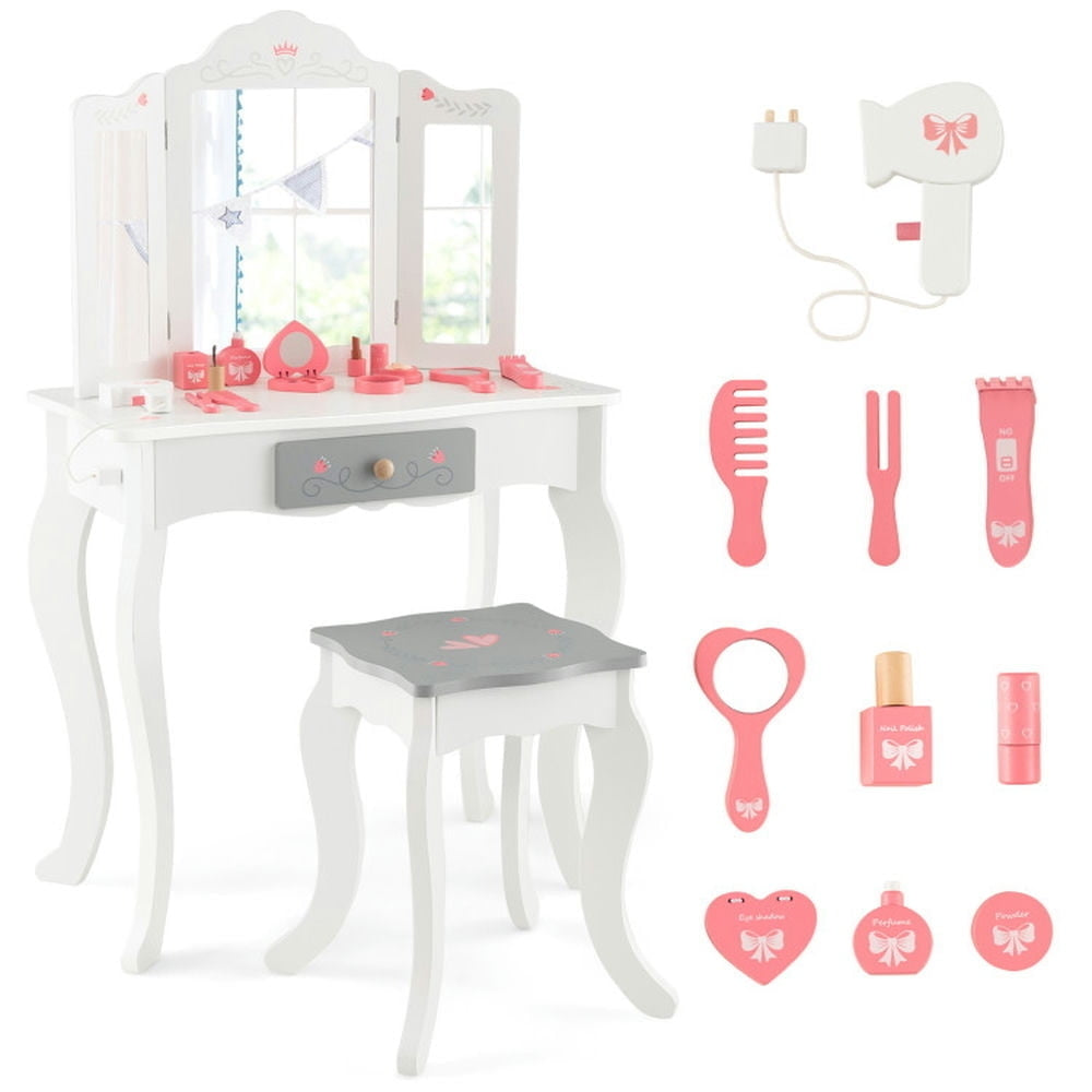 Hommoo Kids Vanity Set with Tri-folding Mirror-White, Kids Makeup Vanity for Girls Kids Image 1