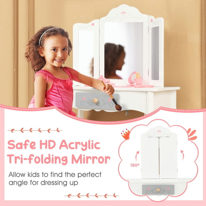 Hommoo Kids Vanity Set with Tri-folding Mirror-White, Kids Makeup Vanity for Girls Kids Image 3