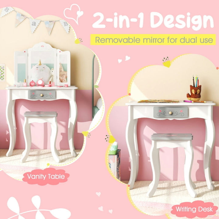 Hommoo Kids Vanity Set with Tri-folding Mirror-White, Kids Makeup Vanity for Girls Kids Image 4