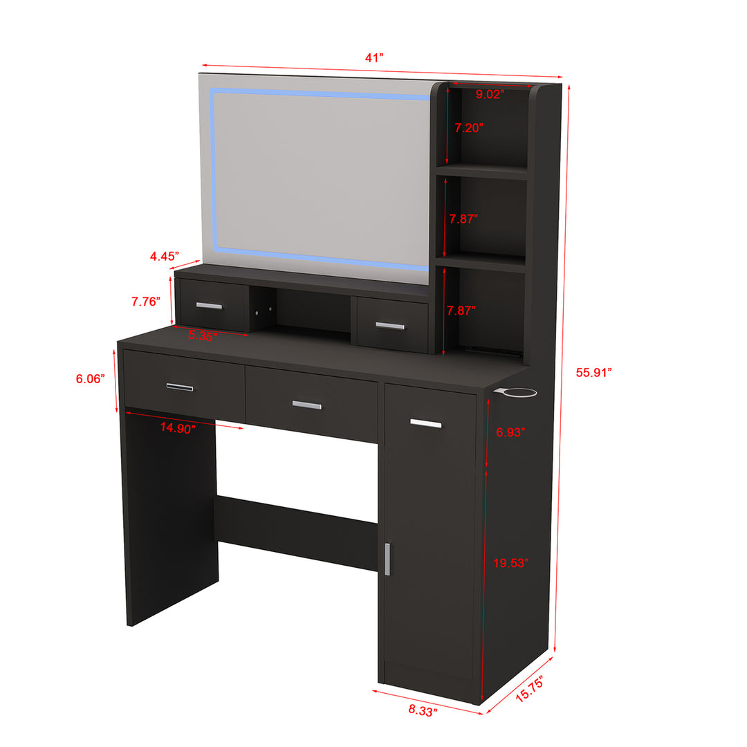 Hommoo Makeup Vanity Desk with Lights and Charging Station, Vanity Set Makeup Table, Black Image 4