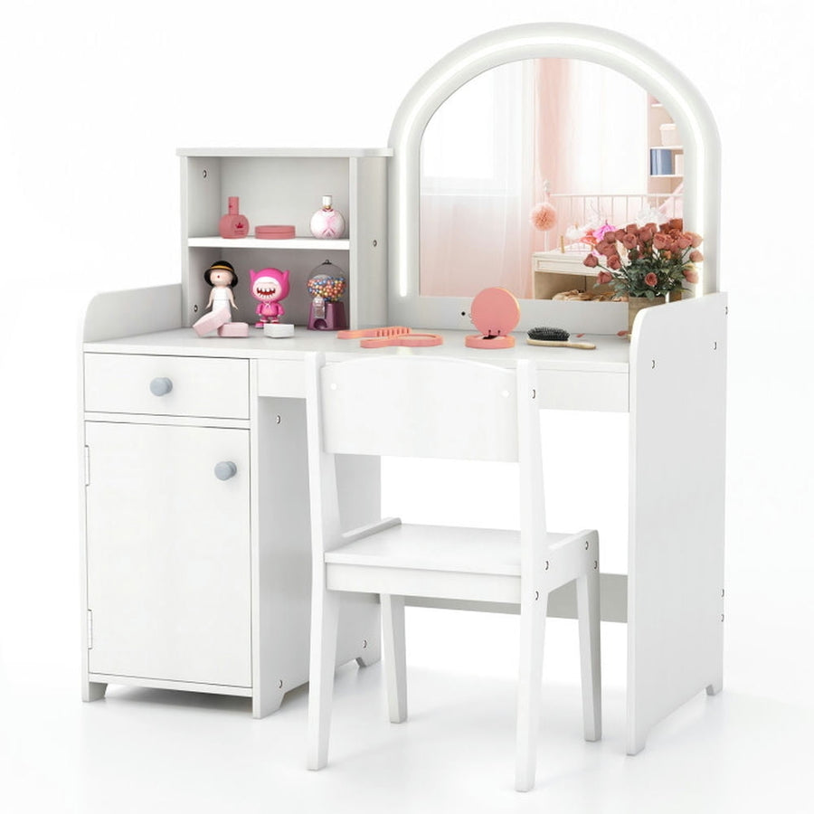 Hommoo Kids Vanity Table and Chair Set with Shelves Drawer and Cabinet-White, Kids Makeup Vanity for Girls Kids Image 1