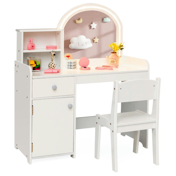 Hommoo Kids Vanity Table and Chair Set with Shelves Drawer and Cabinet-White, Kids Makeup Vanity for Girls Kids Image 2