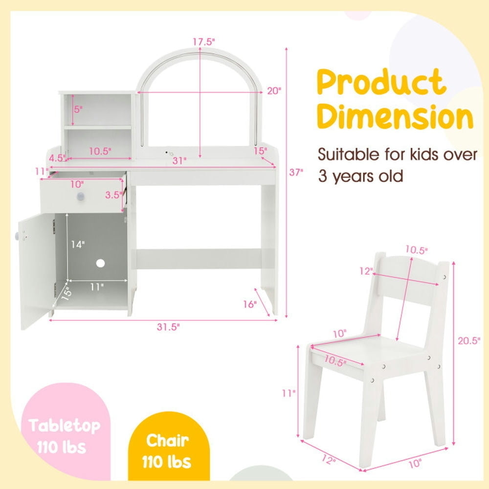 Hommoo Kids Vanity Table and Chair Set with Shelves Drawer and Cabinet-White, Kids Makeup Vanity for Girls Kids Image 5