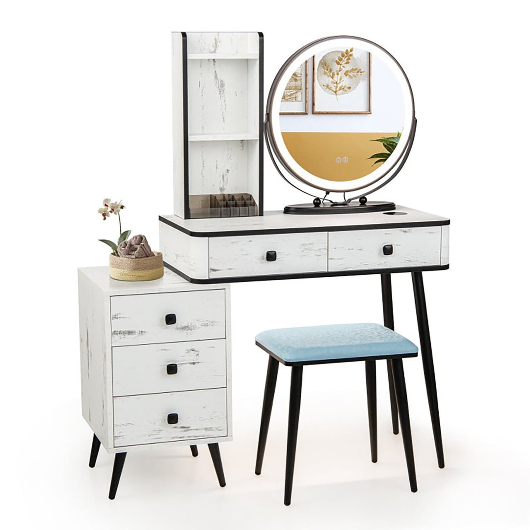 Hommoo Modern Vanity Desk Set with LED Lighted Mirror, Makeup Vanity with Cushioned Stool for Bedroom White Image 1