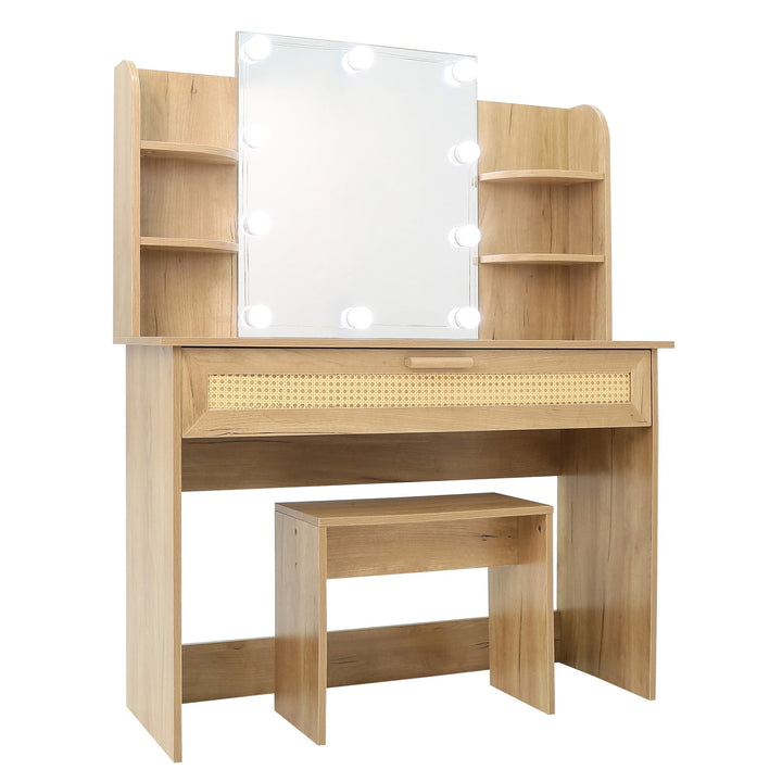 Hommoo Natural Makeup Vanity Desk Set with Charging Station, Lighted Mirror and Stool, 1 Drawers Vanity Table for Image 1