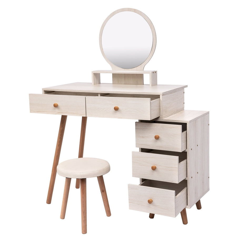 Hommoo Makeup Vanity with Upholstered Stool and 5 Drawers, Small Computer Desk Home Office Desk for Writing Study Image 1