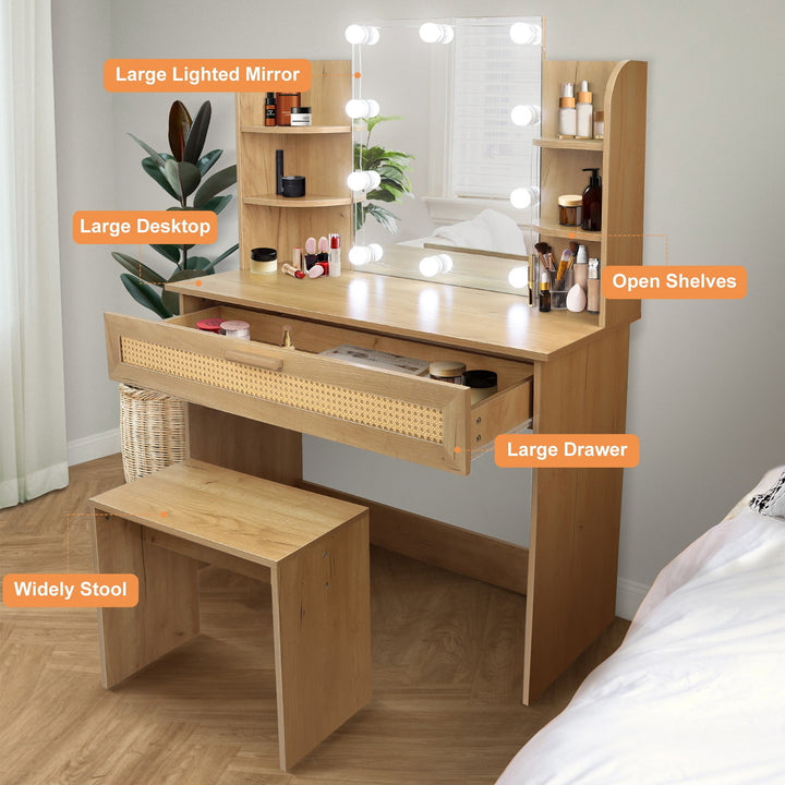 Hommoo Natural Makeup Vanity Desk Set with Charging Station, Lighted Mirror and Stool, 1 Drawers Vanity Table for Image 3