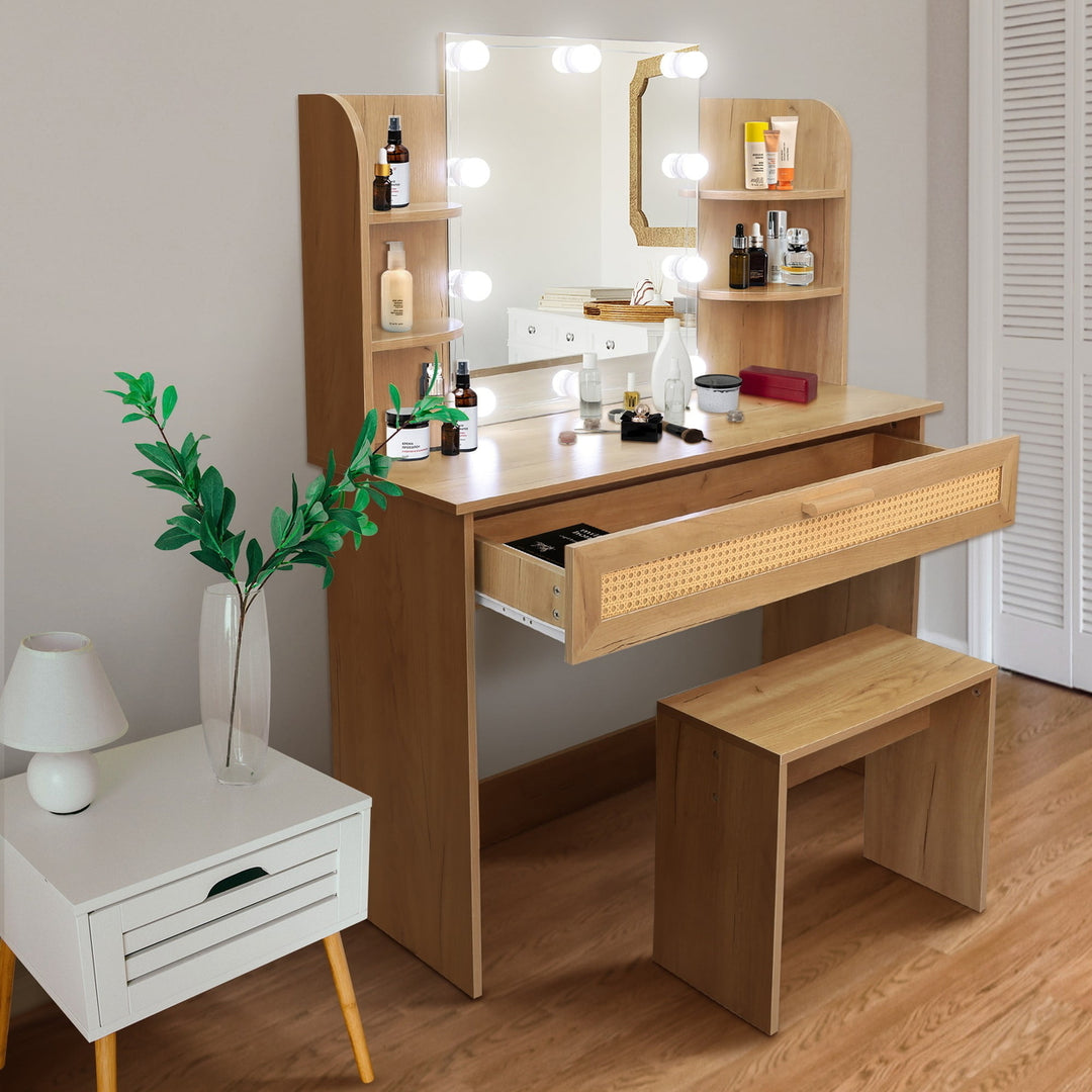 Hommoo Natural Makeup Vanity Desk Set with Charging Station, Lighted Mirror and Stool, 1 Drawers Vanity Table for Image 5