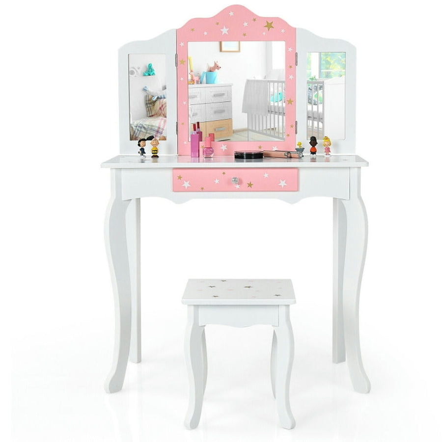 Hommoo Kids Princess Vanity Table and Stool Set with Tri-folding Mirror and Drawer-White, Kids Makeup Vanity for Girls Image 1