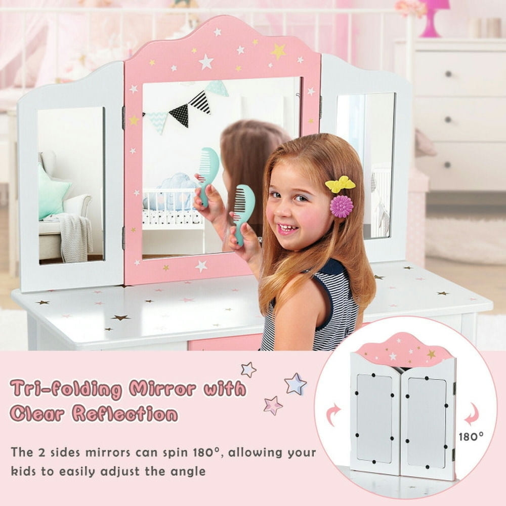 Hommoo Kids Princess Vanity Table and Stool Set with Tri-folding Mirror and Drawer-White, Kids Makeup Vanity for Girls Image 2