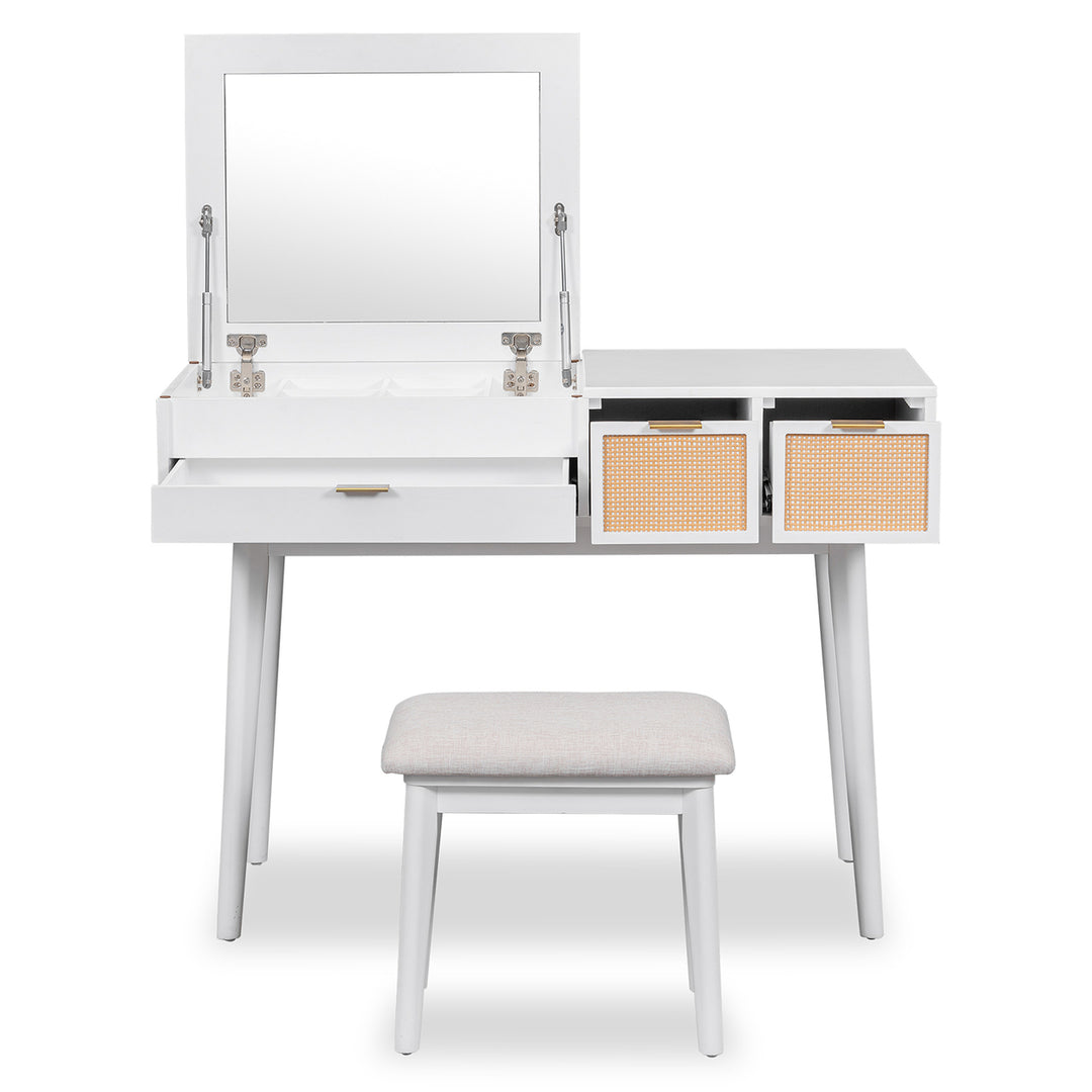 Hommoo 43.3" Classic Wood Makeup Vanity Set with Flip-top Mirror and Stool, Dressing Table with 3 Drawers, White Image 2