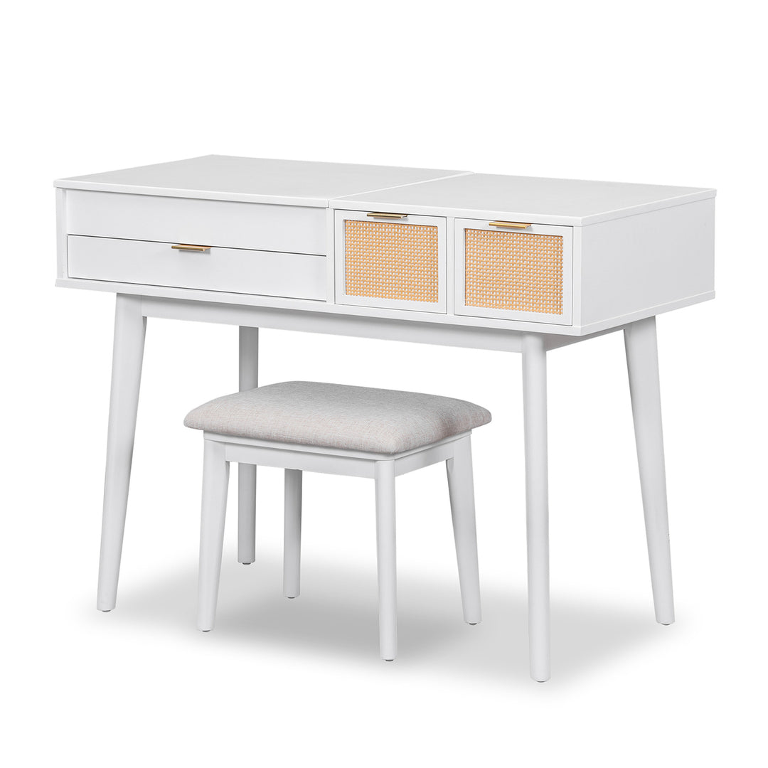 Hommoo 43.3" Classic Wood Makeup Vanity Set with Flip-top Mirror and Stool, Dressing Table with 3 Drawers, White Image 4