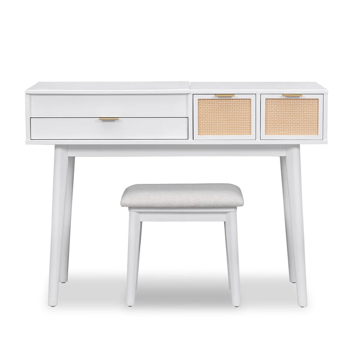 Hommoo 43.3" Classic Wood Makeup Vanity Set with Flip-top Mirror and Stool, Dressing Table with 3 Drawers, White Image 5