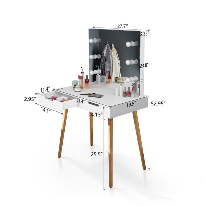 Hommoo Makeup Vanity with LED Lighted Mirror, Mid-Century Dressing Table for Writing Study Bedroom, White Image 3