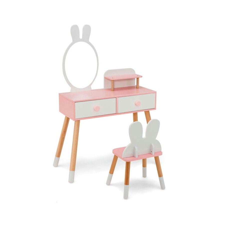 Hommoo Kids Vanity Table and Chair Set with Drawer Shelf and Rabbit Mirror-White, Kids Makeup Vanity for Girls Kids Image 1