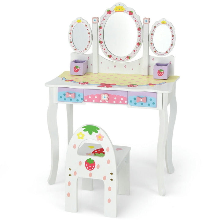 Hommoo Kids Vanity Princess Makeup Dressing Table Chair Set with Tri-fold Mirror-White, Kids Makeup Vanity for Girls Image 1