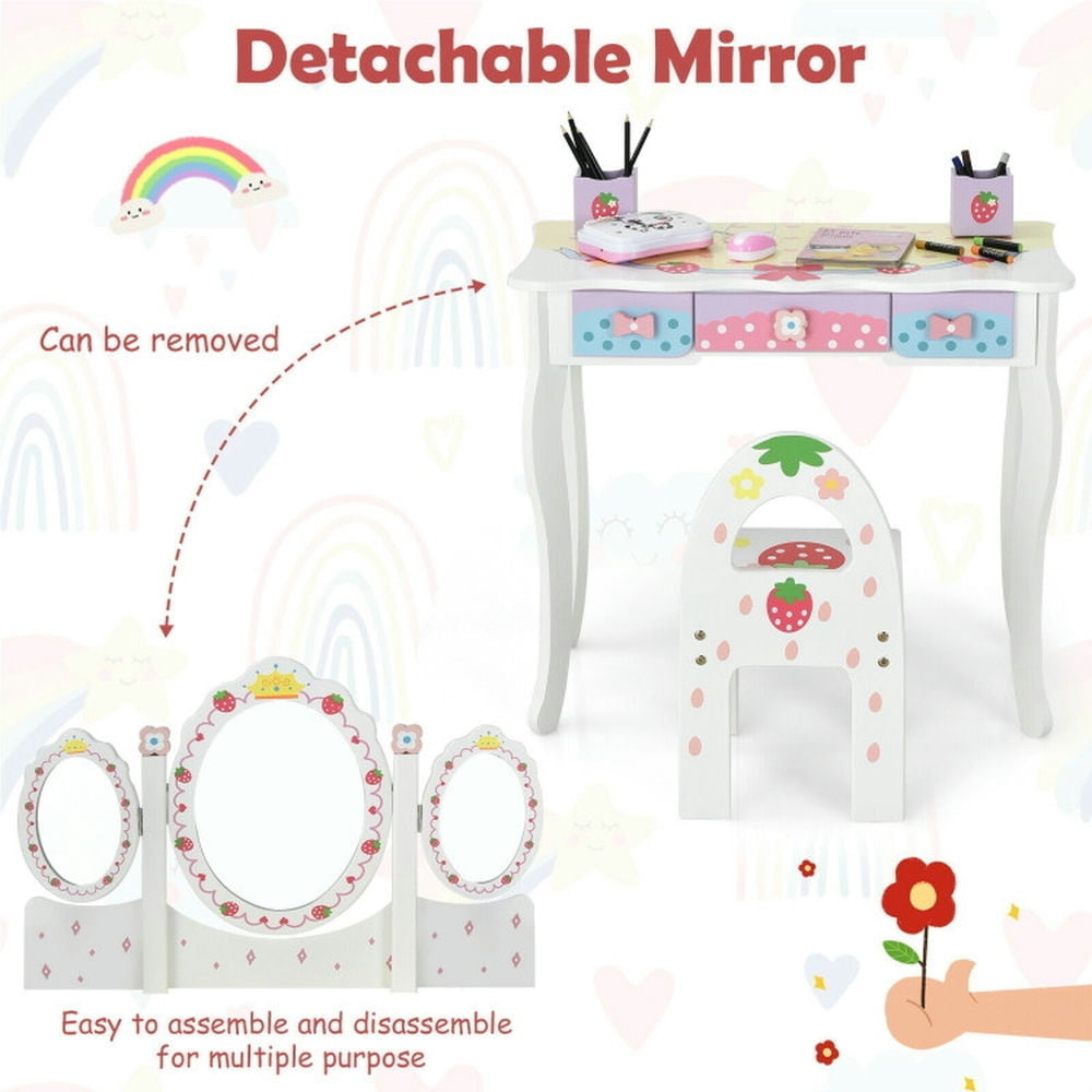 Hommoo Kids Vanity Princess Makeup Dressing Table Chair Set with Tri-fold Mirror-White, Kids Makeup Vanity for Girls Image 2