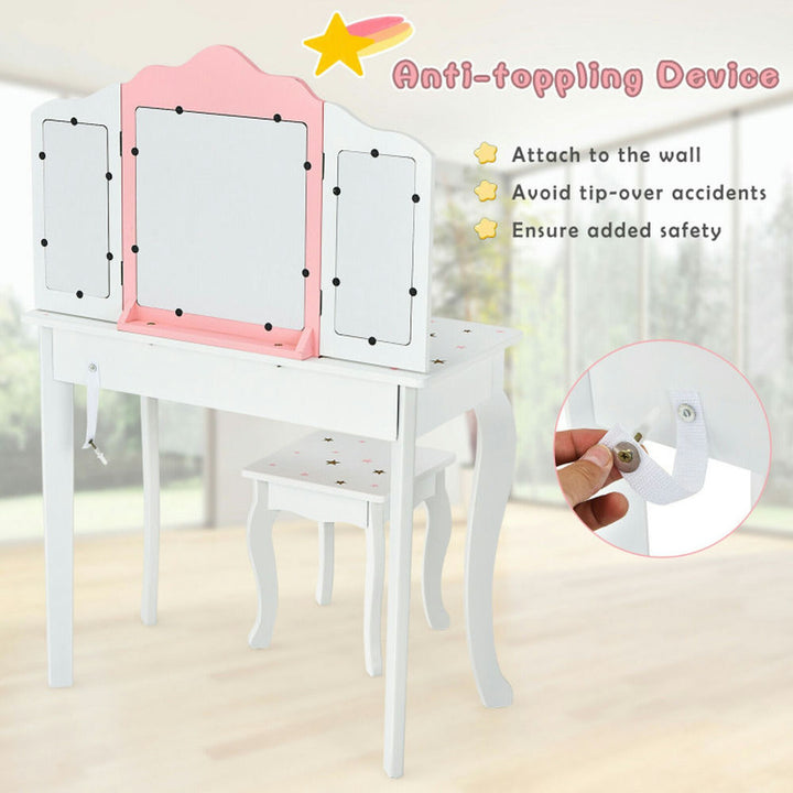 Hommoo Kids Princess Vanity Table and Stool Set with Tri-folding Mirror and Drawer-White, Kids Makeup Vanity for Girls Image 3